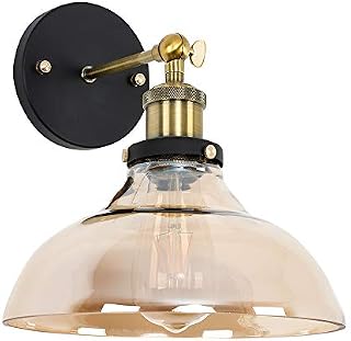 MiniSun Pair of - Steampunk Style Black/Gold Wall Light Fittings with an Amber Tinted Glass Wide Shade - Complete with 4w LED Filament Bulbs [2700K Warm White]