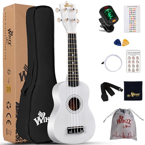 Winzz Ukulele Soprano Principianti Kit per Bambini Adulti, 21 Pollici Ukulele Bianco con 9 Accessori, Accordatore,...