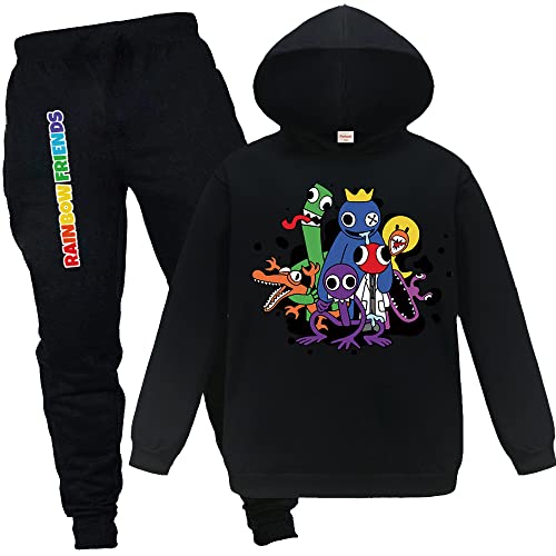 Forlcool Rainbow Tracksuits for Kids YouTube Game Merch Casual Outfits Hoodie + Trousers Suits (Black 7-8 Years 7 Years 8 Years)