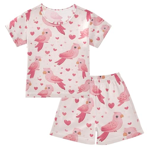 ALAZA Pink Bird Love Heart Pajamas Set Short Sleeve Cotton Sleepwear Summer Pjs 2 Piece 5-14Y