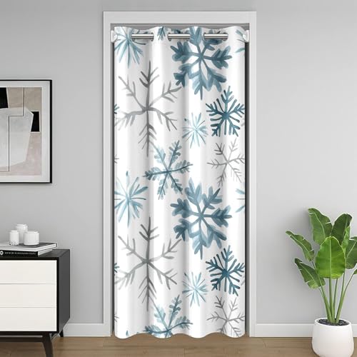 richhome Cortina de puerta de Navidad para puerta, privacidad, copos de nieve, color verde oscuro, cubierta para armario, para dormitorio, sala de estar, cortina divisora de habitación de 86 x 203 cm