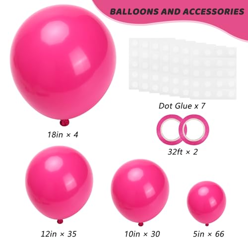 Image of RUBFAC 135pcs Hot Pink Balloons Different Sizes 18 12 10 5 Inch for Garland Arch, Magenta Latex Balloon for Wedding Birthday Princess Theme Party Anniversary Decorations