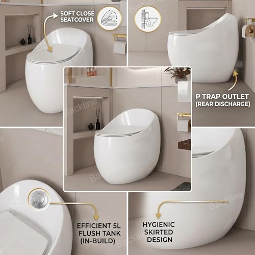 Image of Backline P-Trap Commode Toilet /Western commode /Water Closet With In-build 5L Tank & UF Soft Closing Toilet Seat - P Trap Outlet Is From Wall (White) (7 Years Color Warranty)