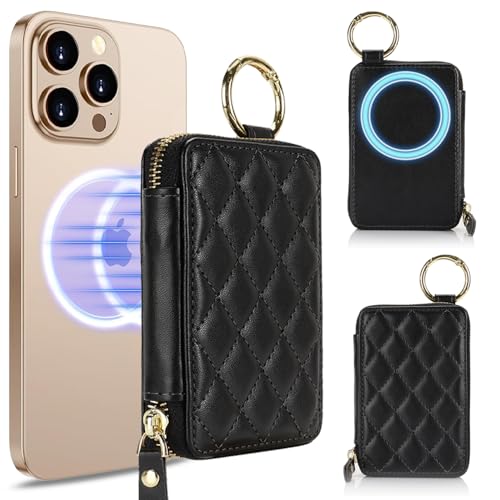 Image of Compatible with MagSafe Wallet,Magnetic Phone Wallet Card Holder for iPhone 17 /16 Pro Max /15 Pro /14 Plus /13 /12 Series,PU Leather Zipper Pocket Adjustable Stand-Black