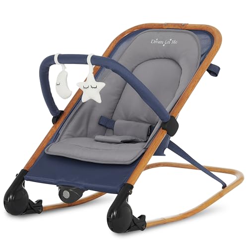 Image of Dream On Me Rock On Me 2-in-1 Baby Rocker and Stationary Seat, Adjustable Recline, Gentle Music & Vibration, 3-Point Safety Harness, Detachable Toy Bar, Folds Compact for Travel – Blue