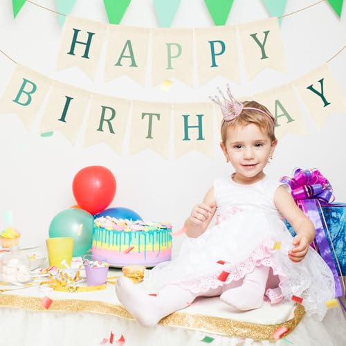 Image of Doumeny Happy Birthday Burlap Banner Boho Birthday Banner Garland Neutral Green Bohemian Party Bunting Flag Colorful Happy Birthday Sign Hanging Garland for Home Fireplace Nursery Party Backdrop Decor