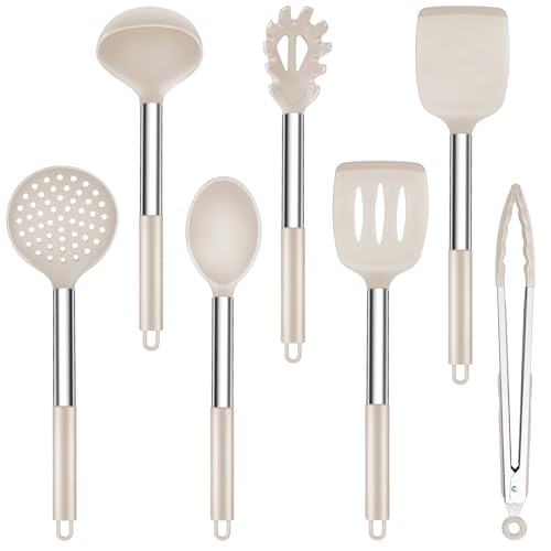 Küchenhelfer Set, Onader 7 Stück Silikon Küchenutensilien Kochbesteck Set mit Edelstahlgriff, Antihaft Kochutensilien Set Sicher für Kochgeschirr, Hitzebeständiger & Spülmaschinenfest, Khaki
