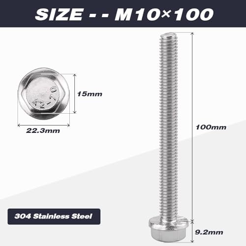 Image of M10-1.5 x 100mm (6 pcs) Flanged Hex Bolts, 304 Stainless Steel 18 /8, Large Washer Head Automotive Screws for Car Parts & Machinery Replacement