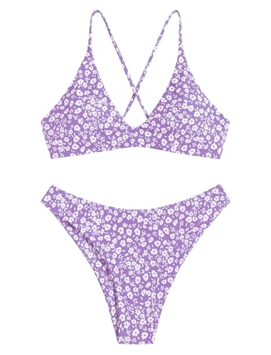 Image of ZAFUL Women's Tie Back Padded High Cut Bralette Bikini Set Two Piece Swimsuit