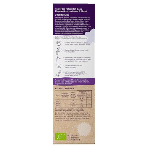 Töpfer Bio Folgemilch 2 aus Ziegenmilch – palmölfrei – Bio-Folgenahrung ab dem 6. Monat – mit Bio-GOS & 4 Bifido-Kulturen – DHA & ARA aus Algenöl – 4x400g