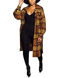 Omoone Women's Plaid Jacket Mid Long Shacket Casual Lapel Button Down Flannel Shirts Coat (1766-02Brown-M)
