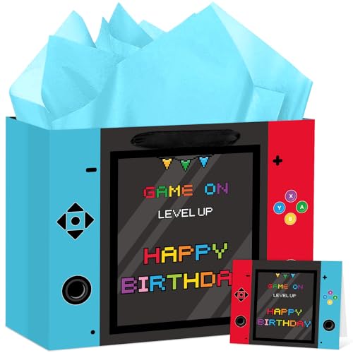 Hooqict Large Video Game Birthday Gift Bag Happy Birthday Gift Wrapping Bag with Handles Tissue Paper and Greeting Cards for Kids Boys Men Gamer Themed Party Supplies
