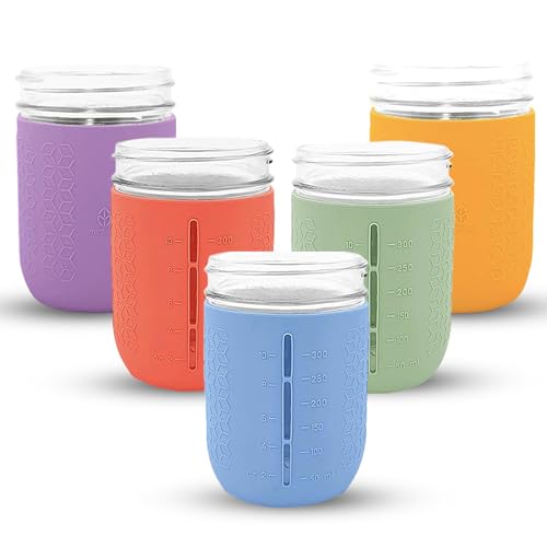 Image of minliving Silicone Mason Jar Sleeves Spring Summer Set | Anti-Slip Protectors for Wide Mouth 16oz Jelly Canning Jars | Cup Holders with Measurement Markings | Dishwasher Safe Jar Jackets - 5 Pack