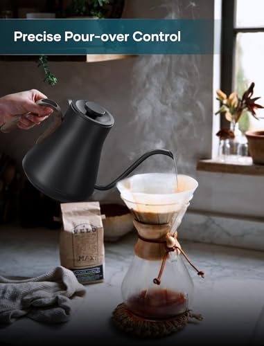 Image of INTASTING Gooseneck Electric Kettle with ±1℉ Temperature Control for Pour Over Coffee & Tea, Quick Heating, BPA-Free Stainless Steel, Built-in Brew Timer, 1500W /0.9L (Black Walnut)