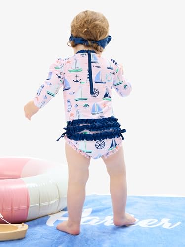 Image of RuffleButts Baby Girls UPF 50+ Sun Protection Floral Printed Long Sleeve One Piece Rash Guard Swimsuit with Zipper