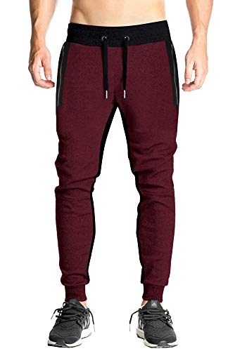 Faskunoie Men's Jogger Pants Breathable Sweatpants Classic Joggers Zip Pockets Wine Red #TOP13
