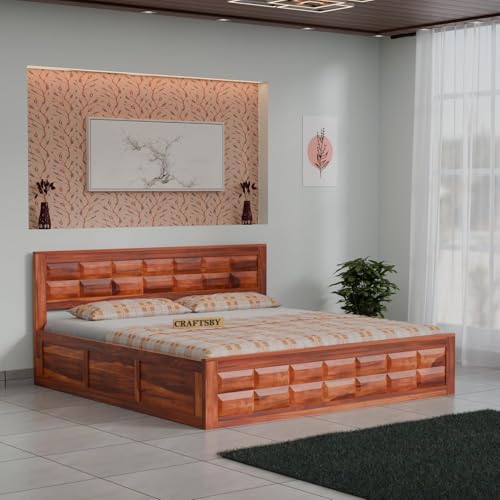 Image of Solid Sheesham Wood King Size Bed with Storage | Wooden Double Bed Cot for Bedroom & Home | Palang Double Bed with Designer Headboard | Honey Finish | 81 x 74 Inch