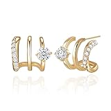 HAXIYA 14K Gold Plated Triple Hoops Illusion Stud Earrings for Women Double Huggie Hoop Earrings for One Hole Trendy CZ Segment Triple Hoop Hypoallergenic Unique Small Cute Jewelry Gift for Women