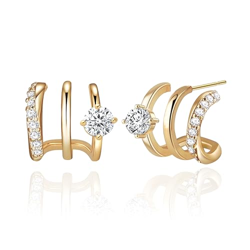 IMBOS 14K Gold Plated Illusion Stud Earrings Gold Hoop Earrings for Women Trendy CZ Segment Unique Triple Hoop Hypoallergenic Earring for Women Cute Jewelry Gift by IMBOS - Used condition - US$11.49