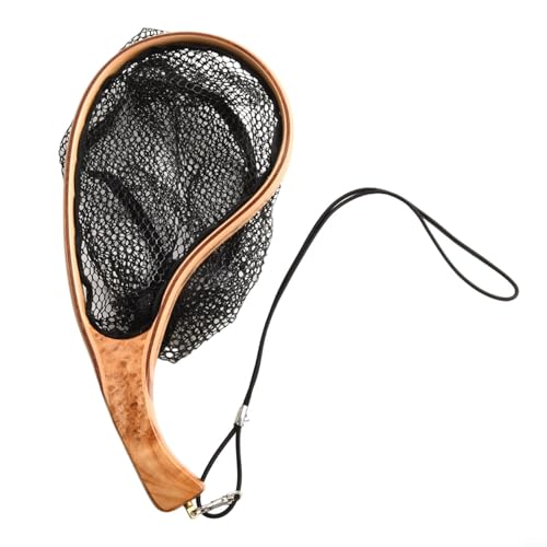 Red de pesca con mosca, marco de madera, red de liberación de captura de aterrizaje con malla hexagonal, mango ergonómico para pesca en arroyo y captura y liberación