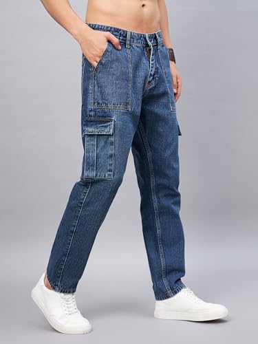 Image of STUDIO NEXX Men's Loose Fit Cargo Jeans | Non Stretchable | Cargo Denim for Men | Loose fit Cargos | Utility Pockets