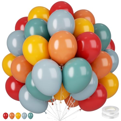 Retro Rainbow Balloons 50Pcs 12 Inch Burnt Orange Lemon Yellow Deep Red Dusty Blue Vintage Teal Latex for Baby Shower Birthday Graduation Party Decorations