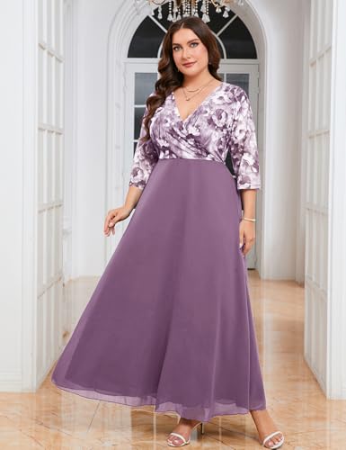 Image of ZOMVA Plus Size Maxi Formal Dress Lace Chiffon Floral V-Neck Wrap Wedding Guest Evening Gown Cocktail Prom 3 /4 Sleeves