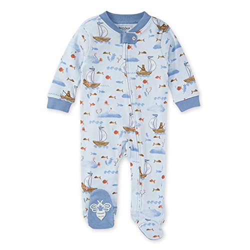 Image of Burt's Bees Baby Baby Boys' Sleep and Play Pajamas, 100% Organic Cotton One-Piece Romper Jumpsuit Zip Front PJs, Here Fishy