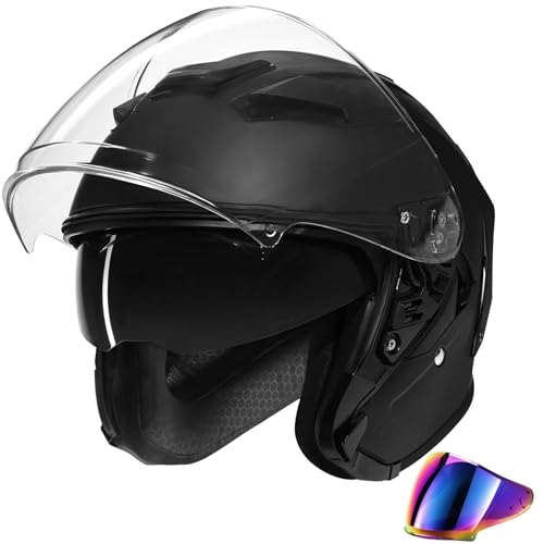XFMT Open Face Motorcycle Helmet 3/4 Moped Helmet for Men & Women Dual Visor Street Bike Scooter Helmets with 2 Visors DOT Approved Matte Black Large