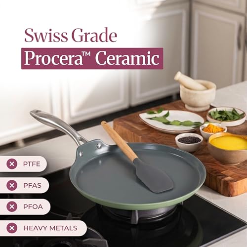 Image of Asai Ceramic Non Stick Dosa Tawa 28cm with Silicone Spatula | Green | 100% Toxin Free | Superior Swiss Ceramic Cookware | Gas & Induction Compatible | Dosa, Chilla Pan | Lab Tested | Steel Handle