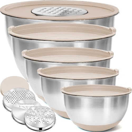 Image of 5-Piece Mixing Bowls with Lids, 3 Grater Attachments, Stainless Steel Salad Bowls for Kitchen, Size 4.6, 3.5, 2.5, 2, 1.5QT Ideal for Baking, Non-Slip Bottoms, Mixing and Serving, Khaki