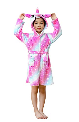 NewPlush Unisex Children's Flannel Bathrobes Hoodie Pink Galaxy Unicorn Gifts for Girls and Boys(6 Years=Tag140)
