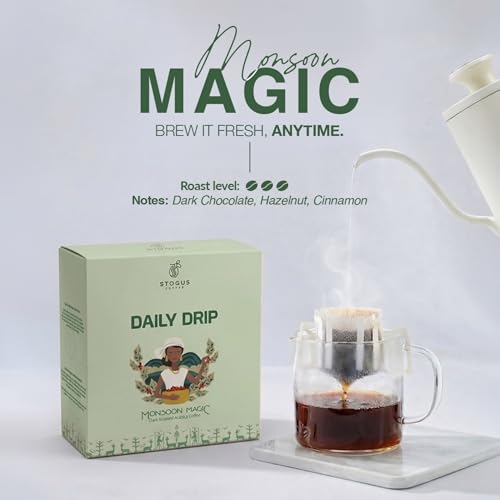 Image of STOGUS Coffee | Monsoon Magic | Pour Over Drip Bags | 100% Arabica Beans | Pack of 5 (11g x 5) | Dark Roast | Dark Chocolate, Toasted Hazelnut, Cinnamon