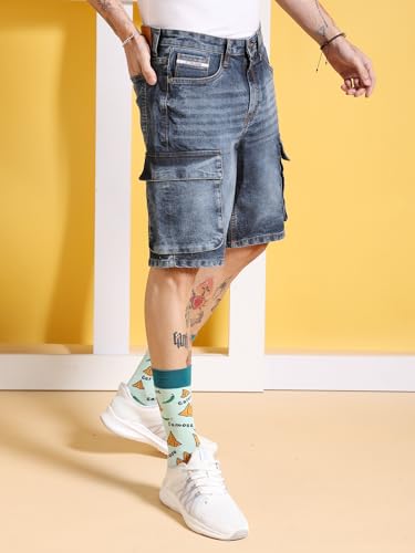 Image of The Indian Garage Co Men Relaxed Fit Solid Mid-Rise Denim Cargo Shorts