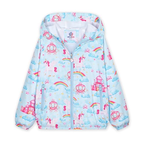 WELAKEN Girls Lightweight Water-Resistant Jacket Unicorn Lined Zip-Up Windbreaker with Pockets for Kids & Toddler
