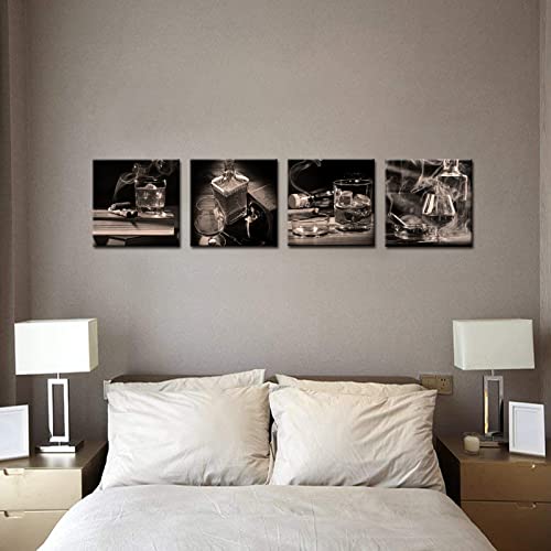Yeilnm 4 Piece Black And White Whisky Wall Art Retro Wine Painting Vintage Bottle Wine Glass Pictures Canvas Artwork For Kitchen Home Dining Room Bar Men Cave Decorations Framed Ready To Hang #TOP4