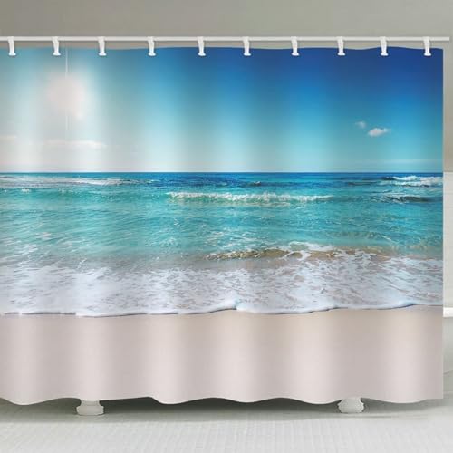 Rideau de bain lavable en tissu bleu polyester traité anti-moisissure