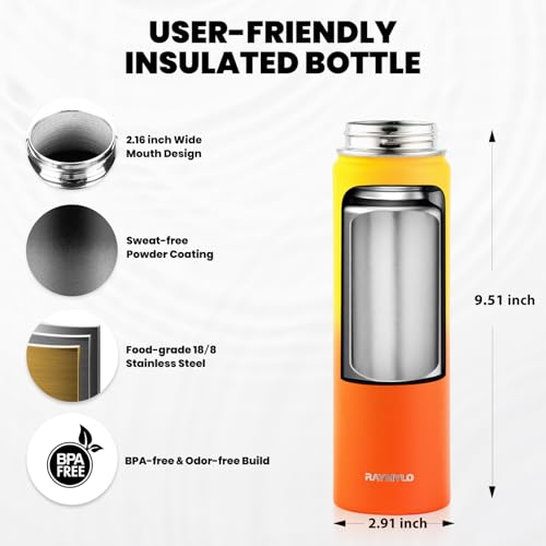 Image of RAYMYLO Insulated Water Bottle 20 oz, Triple Wall Vacuum Stainless Steel (Cold for 24Hrs, Hot for 12Hrs), Leak Proof & Non-BPA, Modern Water Bottle Jug for School with Straw Spout Lids