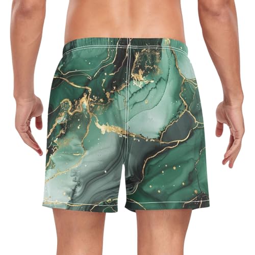 Men's Swim Trunks Marble Gold Green, Quick Dry Beach Board Shorts with Liner, Swimwear Bathing Suits S2