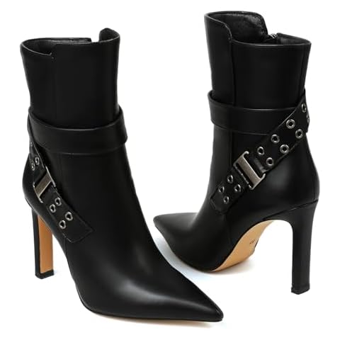 Uacllcau Ankle Boots for Women Pointed Toe High Heel Block Mid Calf Side Zipper Short Booties with Buckle Strap - 4 Inch Cover