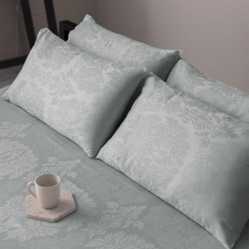 Image of Blue Dahlia 100% Cotton, Queen Size Elastic Fitted Bedsheet (60 inchx78 inch) + 2 Pillow Covers, Fits Upto 10 inch Mattress, 300TC Premium Bedsheet, Symmetrical Jacquard Pattern - Light Grey