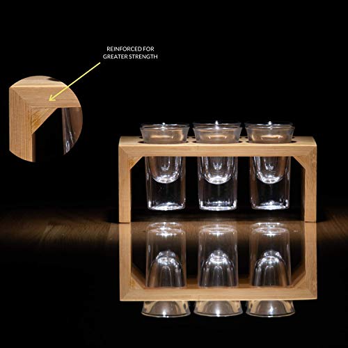 Trendy Bartender Shot Glass Set (6 Glasses) Bamboo Shot Glass Holder – 1 Oz Glasses – Glassware And Shot Stand – Professional Look – Pro Or Amateur Bartenders – (Crystal Clear) #TOP6