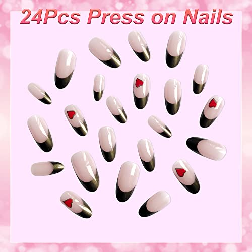 Black French Tip Press On Nails Almond With Pink Red Heart Designs Valentine's Day Acrylic Nails Stick On Nails Medium Glossy Full Cover False Nails Glue On Nails For Women Girls Manicure Tips 24Pcs #TOP4