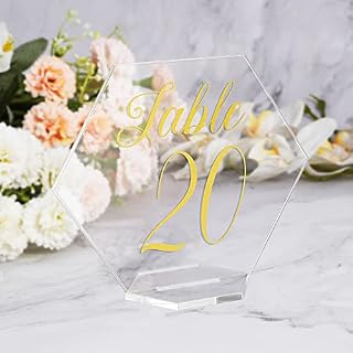 Bebester 20Pcs Acrylic Wedding Table Numbers Hexagon Printed Clear Acrylic Table Numbers with Stands for Wedding Party Event Catering