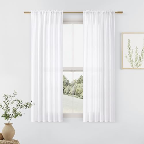 Guken White Linen Short Curtains 54 Inch for Living Room Rod Pocket
