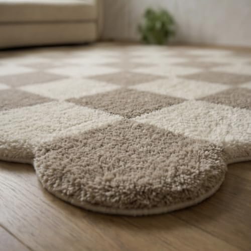 Image of Carpet for Homes Checkered Area Rug | Soft & Fluffy Irregular Carpet with Anti-Skid Backing, 8 x 8 Feet (244 x 244 cm), Beige