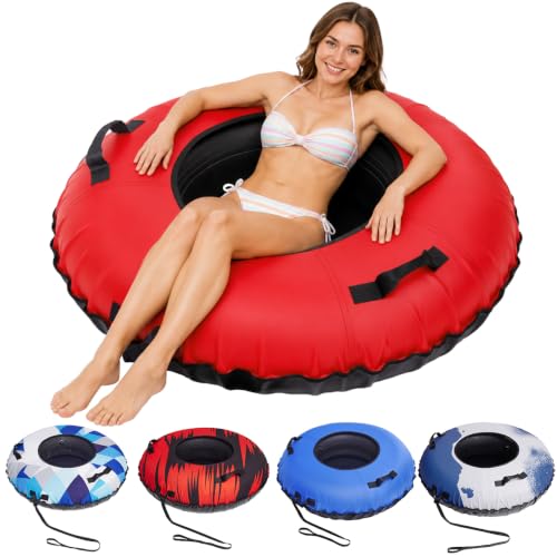 ZEALFEEL Snow Tube River Tube 45 Rubber Snow Tubes with Commercial Grade Canvas Cover for Kids & Adults Inflatable Heavy Duty Snow Sled Thickened Hard Bottom with Tow Strap Sleds Winter Gifts