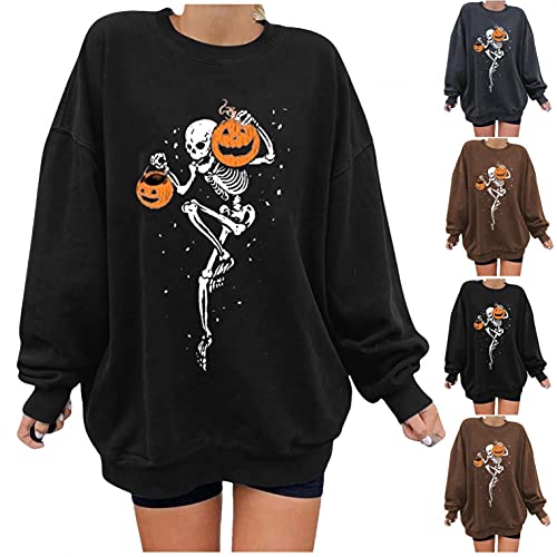 Halloween Sweatshirts for Women, Womens Skull Graphic Print Oversized Crewneck Sweatshirt Long Sleeve Pullover Tops