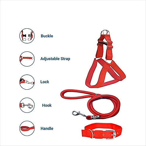 Image of Combo Pack of Padded Chest Belt, Collar and Rope for Your Pet Dogs (Small (0.75 inch), Red)