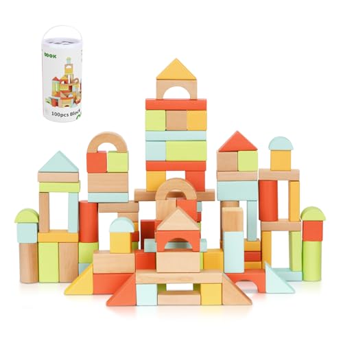 100pcs Building Blocks for Toddlers 1-3, Wooden Blocks for Kids with Storage Bucket and Shape Sorter Lid, Montessori Toys for 1 2 3 Year Old, Learning Toys for Preschool Girls and Boys